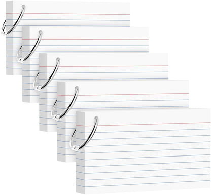 250 Count White Index Cards 3x5 Inch with Key Ring, 180gsm Heavyweight Flash Card (50 Sheets Each), Durable & Portable Note Taking for Students, Teachers, Study Note Cards for Office Home School