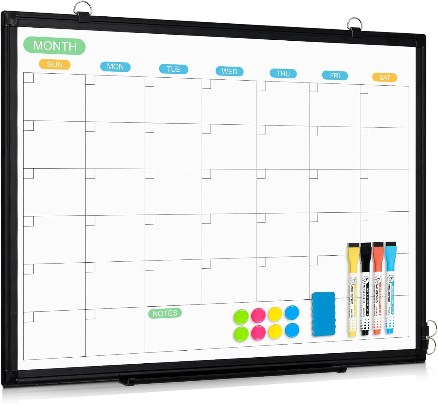 WALGLASS Dry Erase Calendar Whiteboard for Wall, 24" x 18" Double-Sided Monthly Calendar White Board with Black Aluminum Frame, Hanging or Wall Mount Dry Erase Whiteboard for Home, Office, School