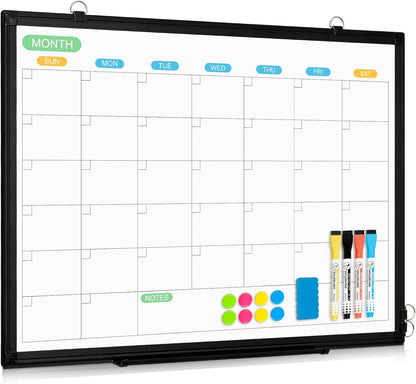 WALGLASS Dry Erase Calendar Whiteboard for Wall, 24" x 18" Double-Sided Monthly Calendar White Board with Black Aluminum Frame, Hanging or Wall Mount Dry Erase Whiteboard for Home, Office, School