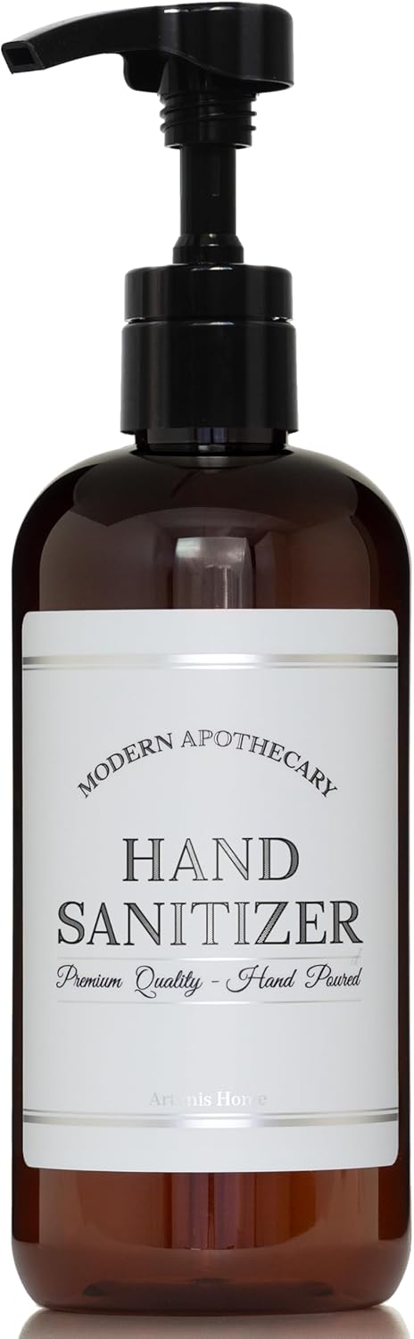 Refillable Amber PET Plastic 16 oz Empty Hand Sanitizer Bottle with High Output Black Plastic Pump Dispenser - Chrome Accent Waterproof Labeled Bottle