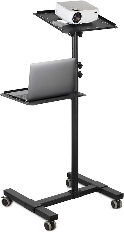 Mount-It! Mobile Projector and Laptop Stand (2 Shelves), Rolling Cart with Ventilated Tray, Heavy Duty, Height Adjustable Laptop and Projector Presentation Trolley, Black