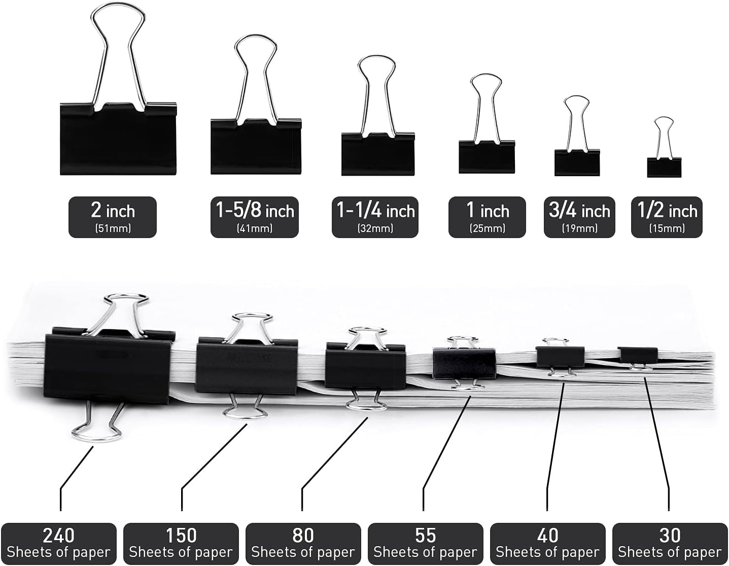 Medium Binder Clips, 72 Pack, 1 Inch, Standard 25mm, Black, Small Fold Clamp, Capacity 0.47 Inch, Metal Paper Clips, Office Clips, School & Home Use