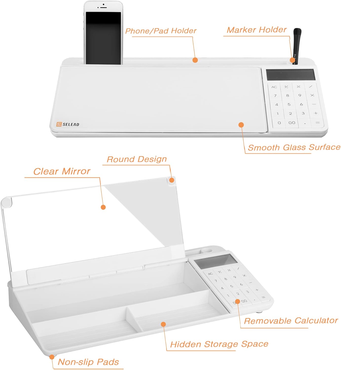 SELEAD Desktop Glass Whiteboard with Calculator & Built-in Mirror, Dry Erase White Board Computer Pad Keyboard Stand with Organizer Drawer, Desk Accessories for Home, School, Office