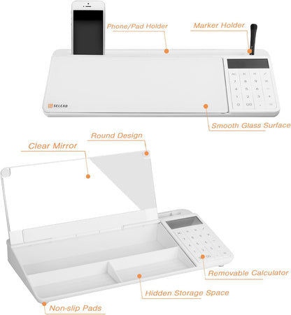SELEAD Desktop Glass Whiteboard with Calculator & Built-in Mirror, Dry Erase White Board Computer Pad Keyboard Stand with Organizer Drawer, Desk Accessories for Home, School, Office