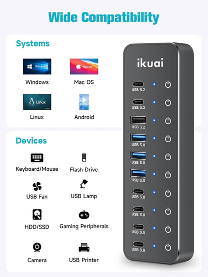 Powered USB Hub, ikuai 10-Port USB 3.2 / USB C Hub, with 3 10Gbps Data Ports and 7 USB 3.0 Ports (4 USB-C + 3 USB-A) for Mac PC Laptops and More