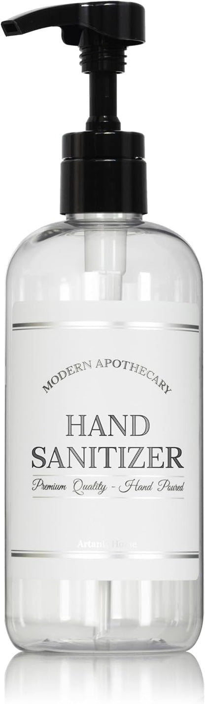 Artanis HomeRefillable Clear PET Plastic 16 oz Hand Sanitizer Bottle with High Output Black Plastic Pump Dispenser - Chrome Accent Waterproof Labeled Bottle