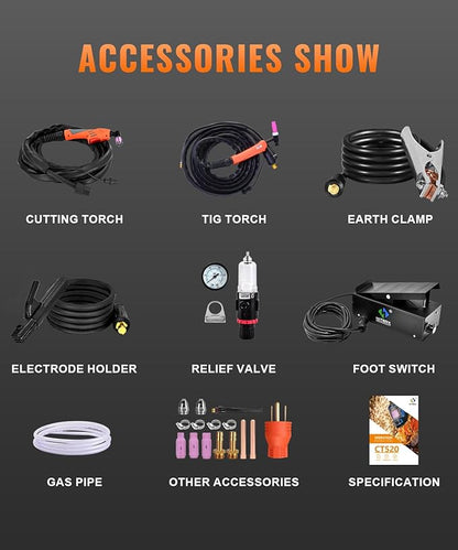 HITBOX Plasma Cutter Welder Combo, 4 IN 1 [Air Sensor Technology] 50Amp HF Non-Touch Pilot Arc TIG Welding with Foot Pedal, 110V/220V 2T/4T Stick/MMA/Pulse TIG, Whole LED Display Screen (CT-520)