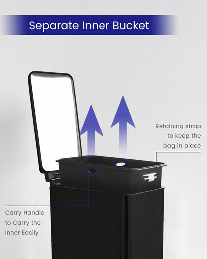 Kitchen Rubbish Bin, 45 Litre Waste Bin, Large Pedal Bin, Kitchen Rubbish Bin with Softclose Lid and Inner Bin, Slim Pedal Bin for Kitchen, Bathroom and Office, Black