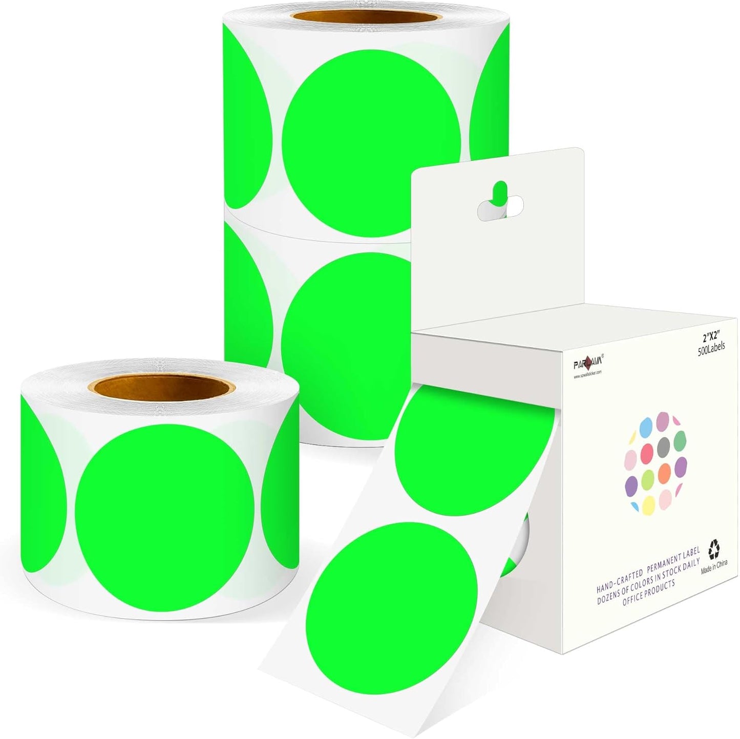 PARLAIM 2 inch Round Color-Code Dot Sticker Labels, 4 Rolls 2000 Adhesive Label Pack in Dispenser Box, Fluorescent Green