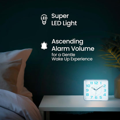 Miykon Small Square Analog Alarm Clock – Silent Non-Ticking, Battery Operated with LED Light & Snooze – Desk, Table, Travel or Bedside Clock for Bedroom, Office, Bathroom – Black 4 Inch