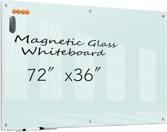 KIZZBY Glass Dry Erase Board - Magnetic Whiteboard, 72"X36" Frameless White Board Clear Glass Boards with Super Strong Magnets, Wall Mounted for Office, Classroom and Home