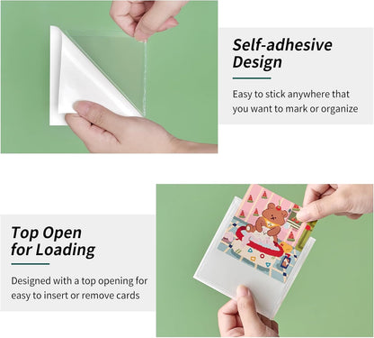 52 Pack Clear Adhesive 3" x 3" Index Card Pockets With Top Open, Plastic Card Sleeves Index Card Holder for Organizing Storage Bins, Library Cards, Notes, Drawer