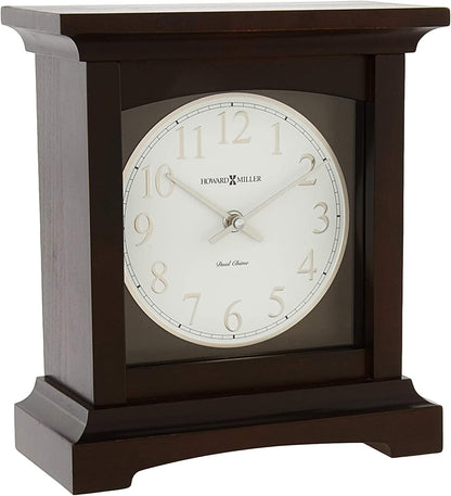 Howard Miller Urban II Mantel Clock, White Analog Clock Arabic Numerals Dual-Chime Movement, Top Flat Pediment Black Finish Durable Square Frame, Idle Alarm Clock for Home Decor, Bedroom & Office