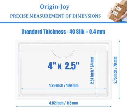 Origin-Joy 60 PCS Self Adhesive Index Card Pockets with Top Open, Clear Plastic Label Holder for Cards of Note, Library and Business, Adhesive Label Pockets & Card Holder (4 x 2.5 inch)