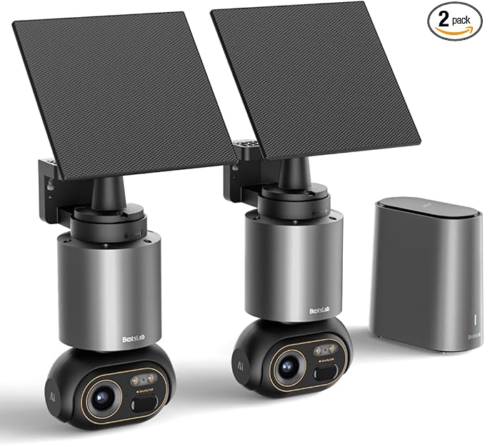 BOTSLAB Security Cameras Wireless Outdoor, 2 Cam-Kit, 4K Color Night Vision, Solar Cameras for Home Security with 360° PT,No Monthly Fee,32GB Local Storage Base Station,Auto Tracking,Easy Installation
