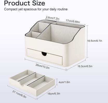 KINGFOM Desk Organizer with Drawer, Multifunction Pencil Holder for Desk, Desk Organizer and Accessories 5 Comparetments for Home Office Supplies (Ivory White)