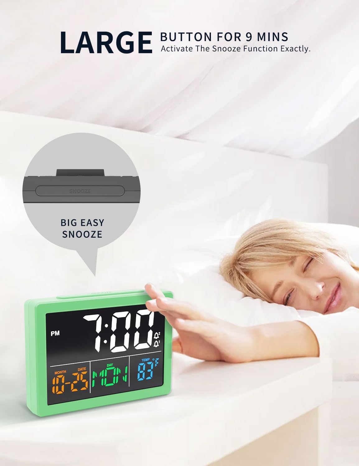 Digital Alarm Clock, with 5.5" Large LED Time Display, Adjustable Alarm Volume, 6 Level Brightness, Alarm Settings, USB Charger, Temperature Detect, Snooze, Clocks for Bedroom, Bedside, Desk, Green