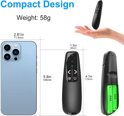 Wireless Presentation Clicker PowerPoint Presenter Remote : USB Type C Clicker with Green Laser Pointer Long Range PPT Control -Power Point Google Slide Advancer for Mac Laptop PC Computer Keynote