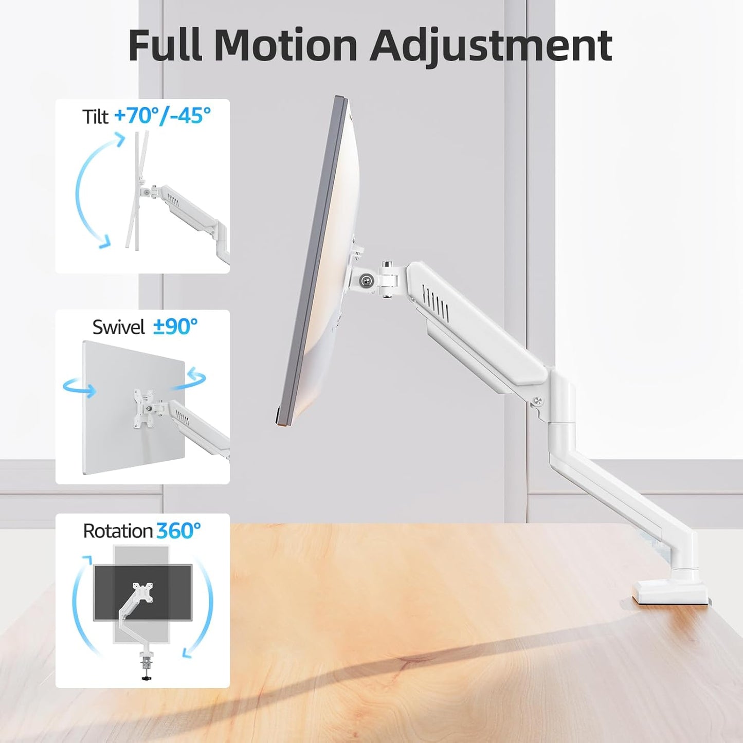 Monitor Arm for 13-32 inch Screens, Monitor Desk Mount, Adjustable Height, VESA Mount with Clamp & Grommet Bases, Freelift White