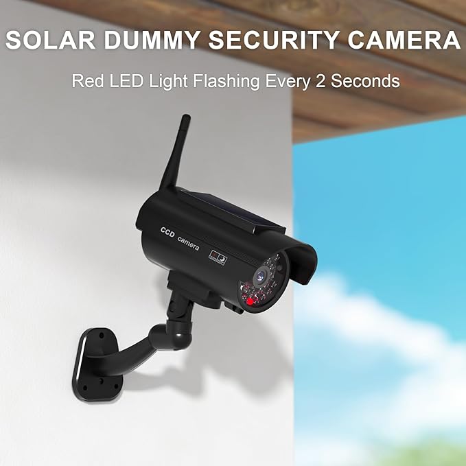 WALI Dummy Fake Camera, Solar Powered Fake Security Camera with LED Light, Simulated Surveillance Security CCTV Dome Cameras with Antenna and Warning Sticker Indoor Outdoor (SOL-TCB4), 4 Packs, Black