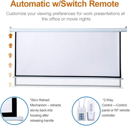 100 Inch Motorized Projector Screen - 16:9 HD Electric Movie Screen with Remote Control, Wall/Ceiling Mounted for Home Theater, Office, Wrinkle-Free Projection Screen for Indoor Use (White)