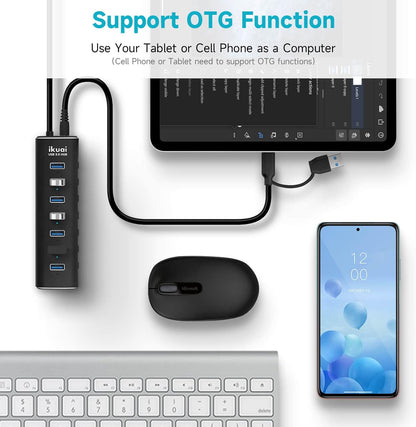 Powered USB 3.0 /USB C Hub, ikuai Aluminium 7-Port USB Hub Splitter with AC Adapter LED Individual On/Off Switches and 3.3ft Extended Long Cable for Laptop, Mac, PC, Flash Drive, Mobile HDD