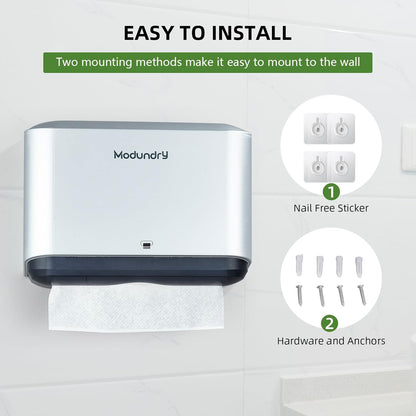 Wall Mount Paper Towel Dispensers: Adhesive No Drilling or Screws Install - Multifold/C/Z/Single fold Tissue Dispenser with Smart Lock, Hand Towel Holder for Bathroom, Restroom, Office, Home (Sliver)