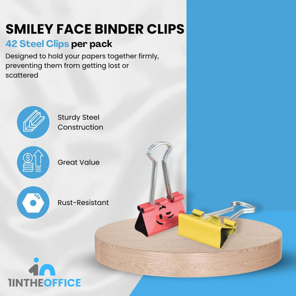 1InTheOffice Medium Cute Colored Smiley Face Binder Clips with Storage Tub, 5/8" Capacity, Assorted Colors, 42 Pack