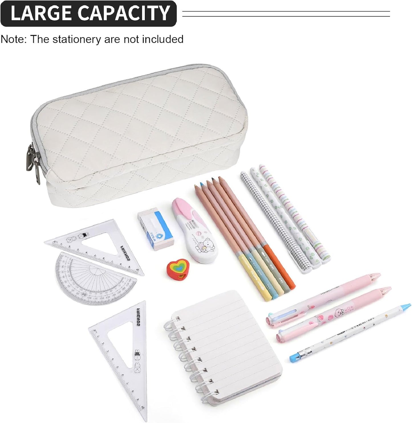 Della Gao Pencil Case Large Capacity Pencil Pouch Soft Quilted Pen Bag Office Stationery Organizer Sturdy Pencil Bag for Men Women - Beige