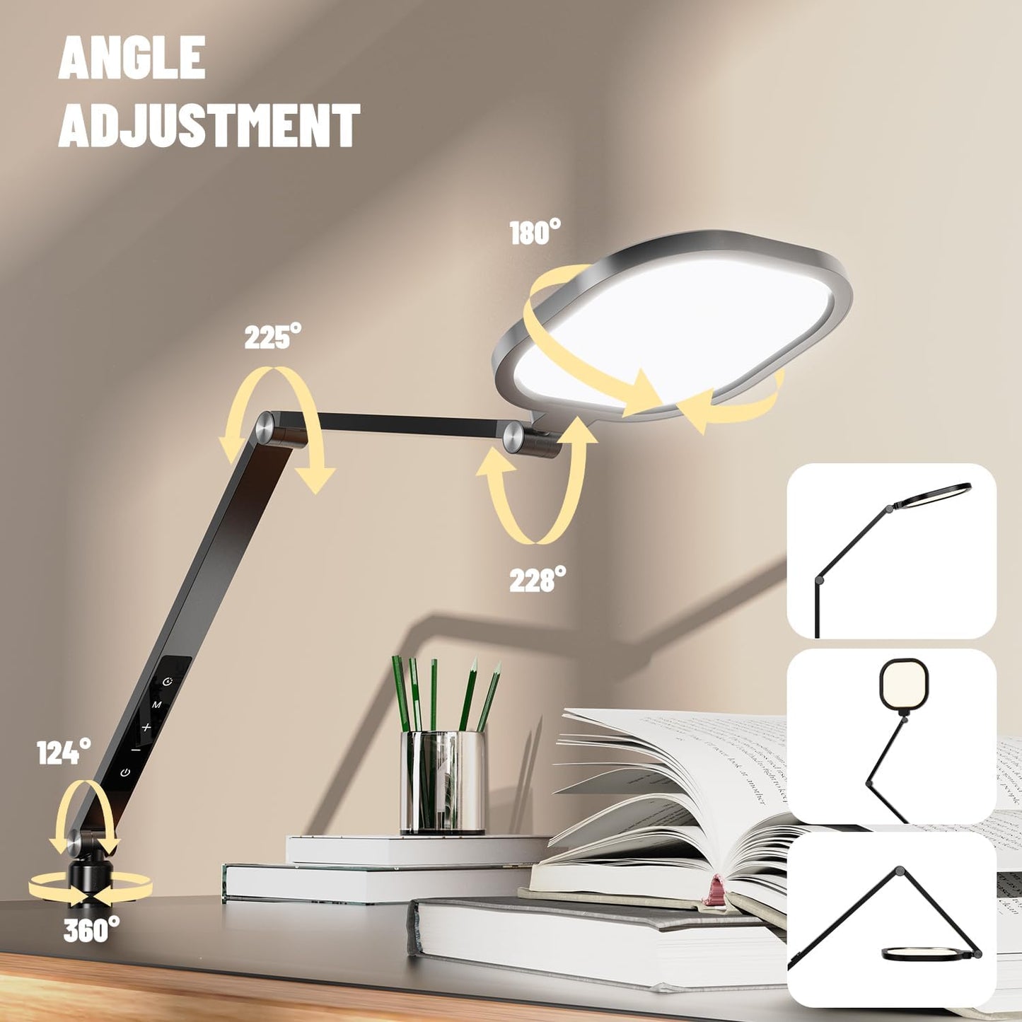 2 Packs Led Desk Lamps for Home Office, 1200LM Dimmable Clamp-on Desktop Light, Adjustable Swing Arm Ring Light with Stand, Memory & Timer Function, Eye-Caring Design