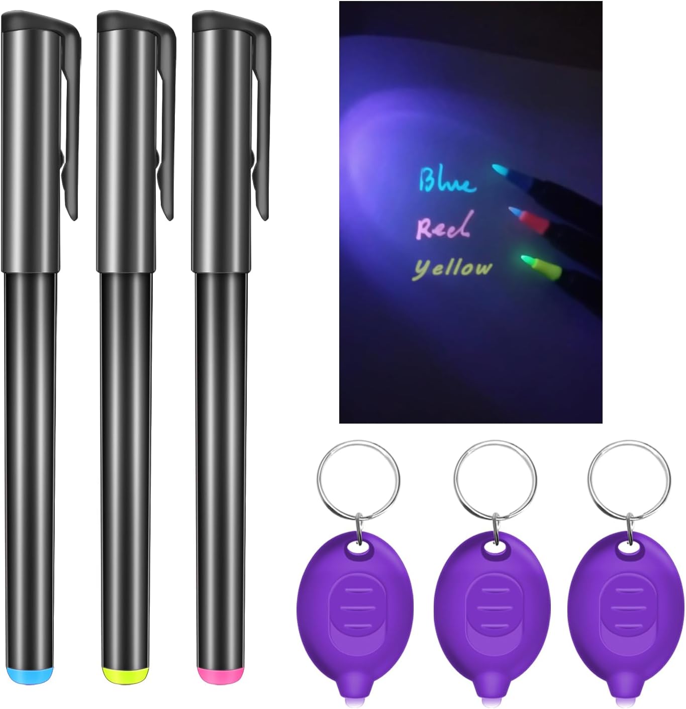 Invisible Ink Pen, Spy Pen with 3 PCS Mini UV LED Keychain Flashlight, Disappearing Ink Magic Pens with Black Light Markers for Secret Notes, Fit for Christmas Halloween Holiday Gifts (3 PCS)