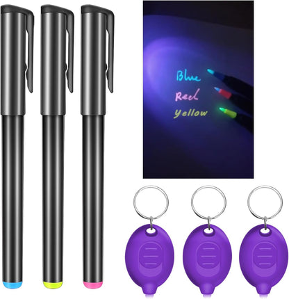 Invisible Ink Pen, Spy Pen with 3 PCS Mini UV LED Keychain Flashlight, Disappearing Ink Magic Pens with Black Light Markers for Secret Notes, Fit for Christmas Halloween Holiday Gifts (3 PCS)