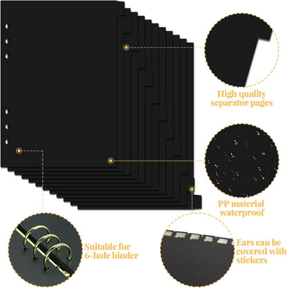 A5 Plastic Binder Dividers 6 Holes Durable Plastic Tab Dividers for 6-Ring Binders, Notebooks, Planners, 5.7x8.3 inch (Black, 12 tab)