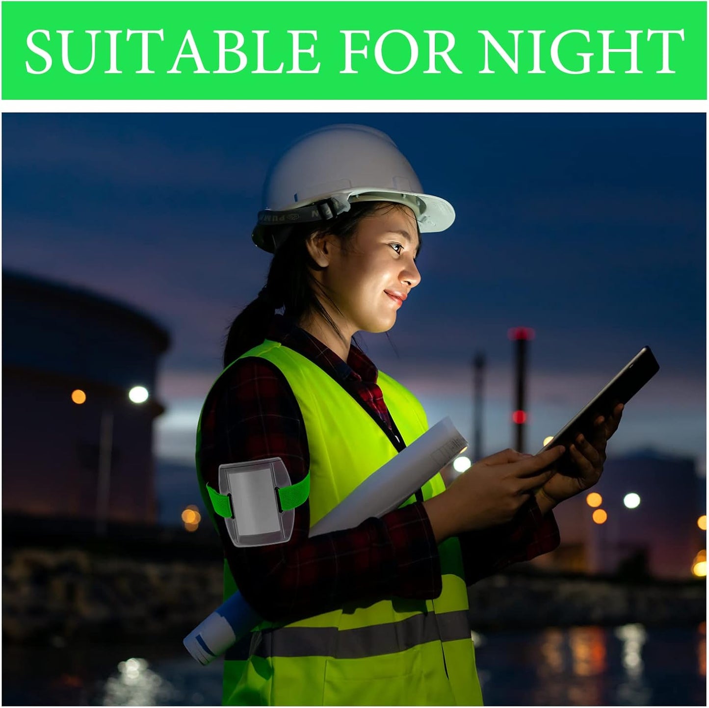 Meanplan 50 Pcs Arm Badge Holder Armband ID Badge Holder Bulk Visibility PVC with Adjustable Belt Elastic Armband Clear Name Tag for Work Pass, Postcards, Universal Size(Green)