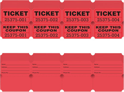 DGBDPACK 100 Raffle Tickets, 50/50 Double Ticket, Bold Numbers for Easy Reading, Ticket for Events, Entry, Class Reward & Prizes -Red