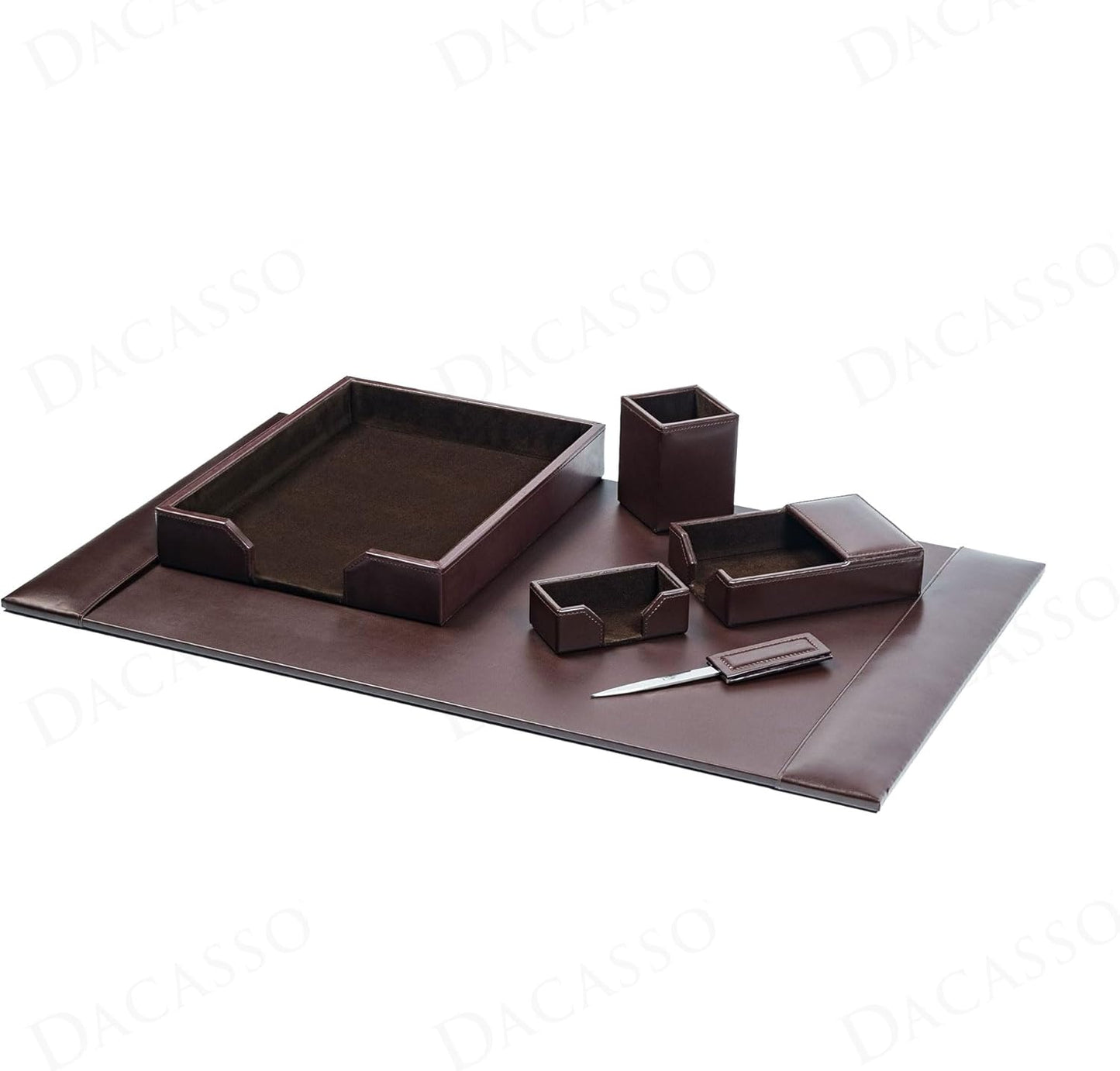 Dacasso Dark Brown Bonded Leather Luxury 6 Piece Desk Set - Blotter Pad & Desk Organization Essentials - Executive Decor and Surface Protector