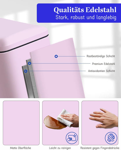 JM.YIPENG Bathroom Rubbish Bin, 5 Litre Cosmetic Bin, Small Waste Bin with Soft Close Lid, Bathroom Bin for Toilet, Bathroom, Bedroom, Living Room, Pink