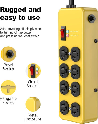 HEZI 20A Power Strip Surge Protector Durable Metal 8-Outlet with Heavy Duty 20 Amp Extension Cord, 12 Gauge for Garage,Workshop & Industrial Use with 6-20R T-Slot Outlets,4800J(Yellow,10FT)