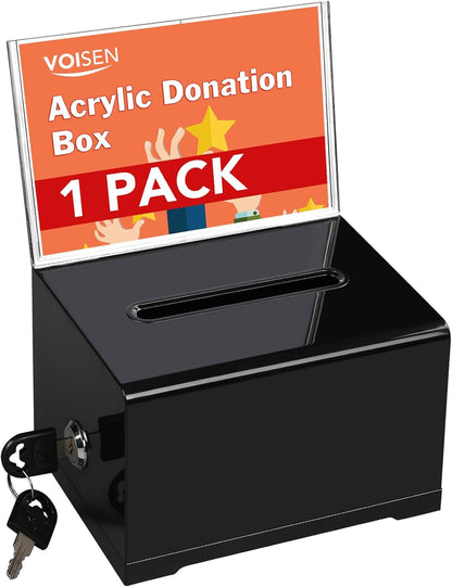 VOISEN Acrylic Donation Box with Lock, Black Tip Jar with Sign Holder, Suggestion Box for Fundraising, Donation, Bar, School Voting, 6.2x4.6x3.9 Inch