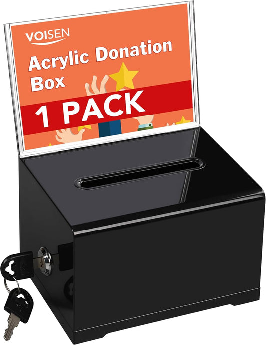 VOISEN Acrylic Donation Box with Lock, Black Tip Jar with Sign Holder, Suggestion Box for Fundraising, Donation, Bar, School Voting, 6.2x4.6x3.9 Inch