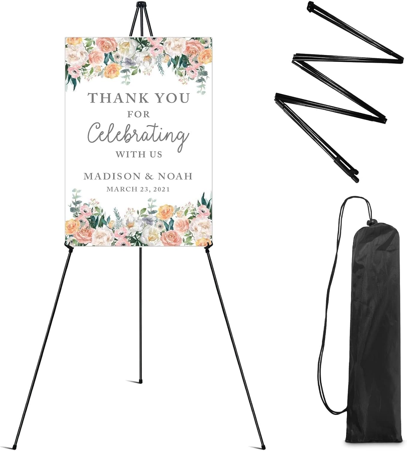 RRFTOK Easel Stand for Sign,63'' Instant Lightweight Portable Ground Easel for Wedding Sign and Poster Display Stand, Metal Tripod with Portable Bag,1-Pack.