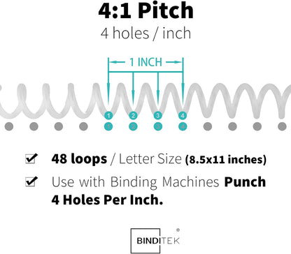 Binditek 50 Pack Plastic Spiral Binding Coils, 6mm(1/4"), 30 Sheet Capacity, 4:1 Pitch, White, 48Loops, for Letter Size, for Students and Coworkers