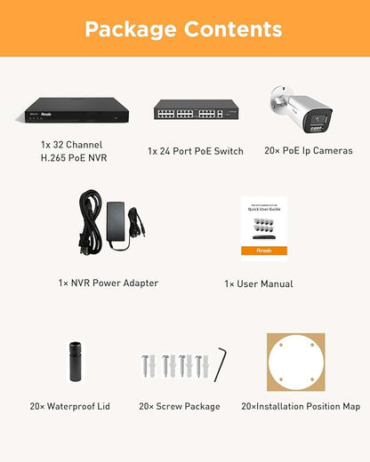 32 Channel Security Camera System, H.265 20pcs 5MP PoE IP Bullet Camera, Smart Color Night Vision, 2 Way Audio Talking, AI Human Detection, Remote Access, 4K 32 Channel NVR 8TB, PB65A2032-5MD