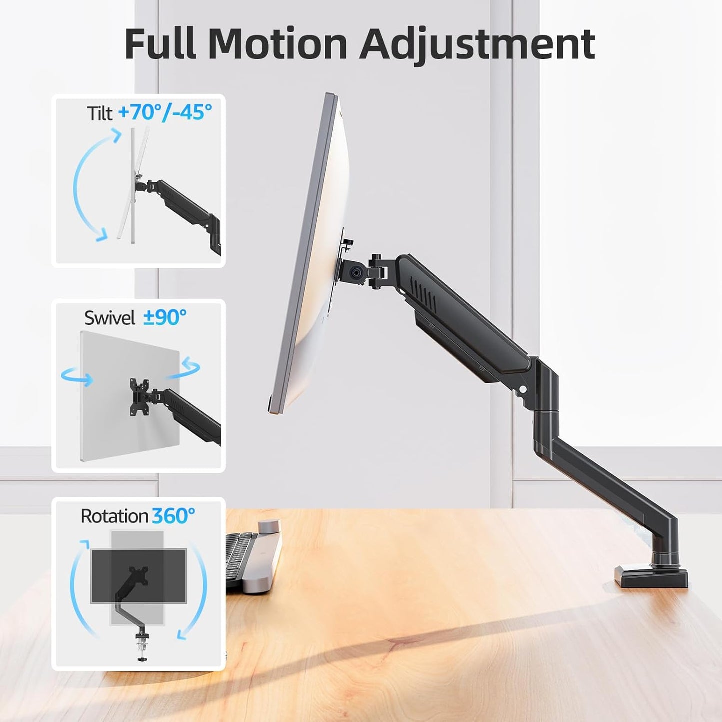 Monitor Arm for 13-32 inch Screens, Monitor Desk Mount, Adjustable Height, VESA Mount with Clamp & Grommet Bases, Freelift Black