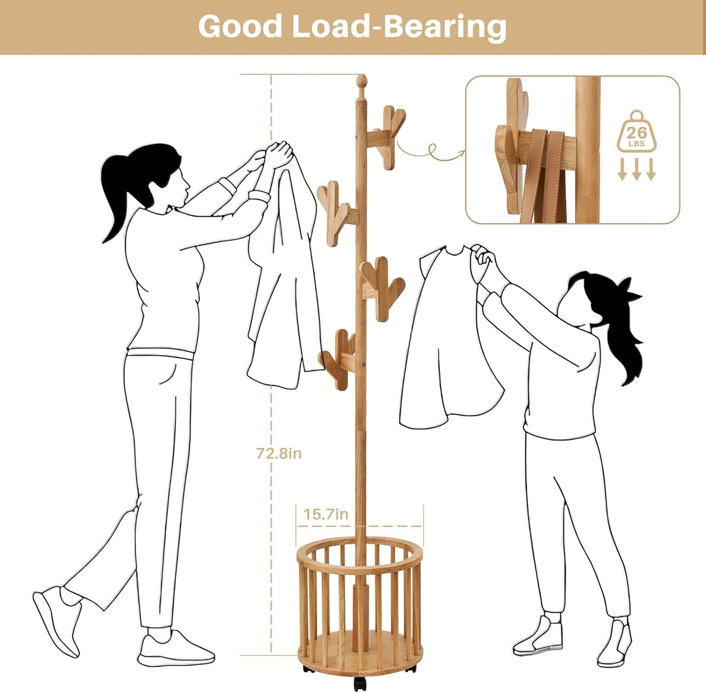 Uniclinens Solid Wood Coat Rack Freestanding with Umbrella Holder, Tree Coat Rack Stand with Lockable Universal Casters & 12 Hooks for Entryway Bedroom, Natural