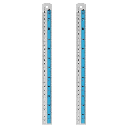 HARFINGTON 2pcs Metal Straight Ruler 30cm Metric SAE Aluminum Alloy Measuring Rulers Scale Tools with Hole for Measure Study Reading Classroom Office, Blue
