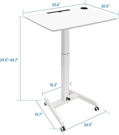 Rolling Laptop Desk Adjustable Height(29.5”- 43.7”)，Mobile Workstation Cart with 23.6" x 20.5"Desktop, Standing Desk Mobile Portable PC Table for Home,Office or Classroom in White