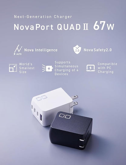 CIO 65W GaN Charger Block, Compact 4-Port Adapter with 3 USB-C Ports & 1 USB-A, Max 67W USBC Fast-Charging Multi-Device Wall Charger Block for Laptop/Phone/Tablet, NovaPort Quad II 67W3C1A (Black)