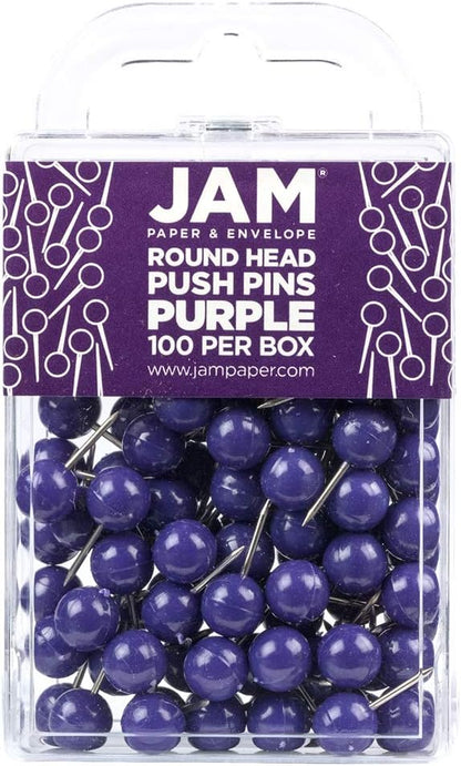JAM PAPER Colorful Push Pins - Round Head Map Thumb Tacks - Purple Pushpins - 100/Pack