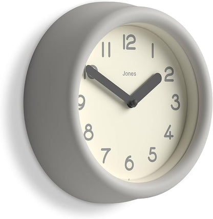 JONES CLOCKS® Fuze Wall Clock | Small Round Clock | Gray | Playful Modern Design with Soft sculptural Presence | Ideal for Kitchens Living Rooms Kid's bedrooms